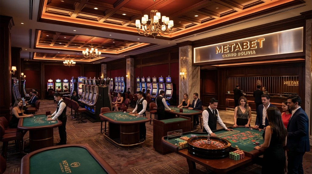 Interior Metabet Casino Bolivia con mesas y señalética dorada