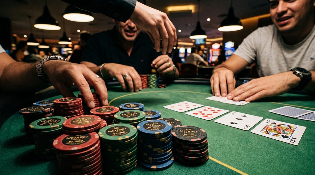 Fichas Metabet Casino con referencia Bs - USD en mesa de póker